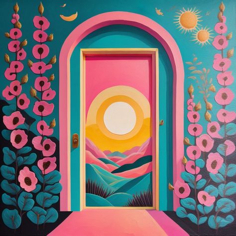 Simple Colorful Wall Mural, Hallway Paint Ideas Fun, Garden Murals Ideas Wall Art Backyard, Colorful Mural Ideas, Funky Wall Painting, Funky Wall Mural, Small Mural Ideas, Colorful Mural Wall, Door Murals Painted