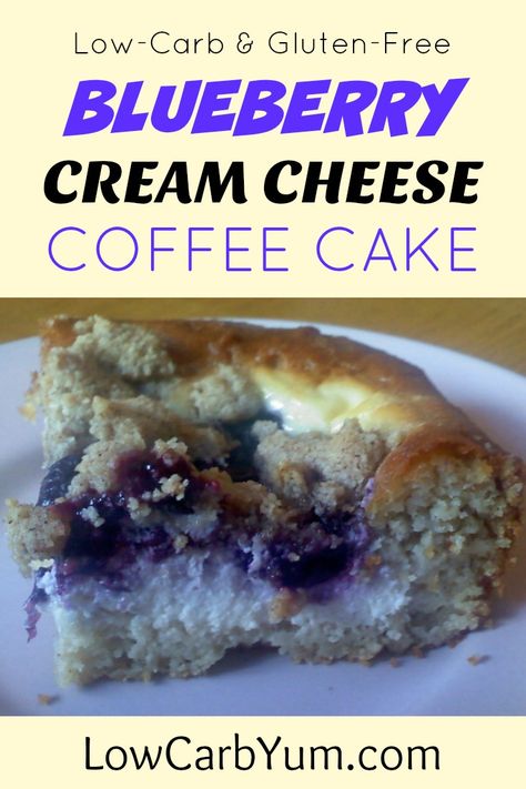 A moist low carb blueberry cream cheese coffee cake. The gluten free cake layer is topped with cream cheese, blueberry, and cinnamon streusel layers. Blueberry Cream Cheese Coffee Cake, Low Carb Blueberry, Gluten Free Coffee Cake, Cheese Coffee Cake, Gluten Free Coffee, Coffee Desserts, Cream Cheese Coffee Cake, Blueberry Coffee Cake, Cinnamon Streusel