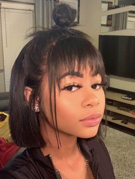 Bangs And A Bob, Short With Bangs Hairstyles, Short Bob With Face Framing Layers, Silk Press With Bangs, Short Straight Hairstyles Black Women, Short Haircuts Black Hair, Natural Hair Bob Cut, Natural Hair Bangs, Black Ponytail Hairstyles