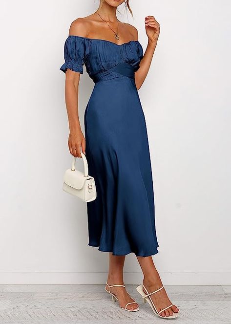 Wedding Guest Dress Summer Blue, Off The Shoulder Wedding Guest Dress, Blue Wedding Guest Dress Summer, Blue Midi Dress Wedding, Wedding Guest Dress Blue, Off Shoulder Ruched Dress, Dark Blue Midi Dress, Summer Cocktail Attire, Satin Midi Dresses