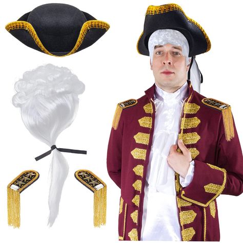 PRICES MAY VARY. Hand Wash Only Vintage Tricorn Gold Trim Hat - Colonial tricorn hat is black with ruffled gold trim, made of felt and measures 15.7", with a cap size that fits most teens, adults, and bigger kids Colonial Powdered Wig - Made of high-quality high-temperature resistant synthetic fiber, which is very suitable for long term use, the size of wig cap is adjustable, which can fit different head size; non-toxic and safe Star Tassel Epaulet - Made of alloy, fabric and rhinestone, star pa Pirate Style Brimmed Costume Hat For Parties, Judge Wig, Powdered Wig, Colonial Costume, Tricorn Hat, Colonial Dress, Tassel Dress, Wig Making, Costume Wigs