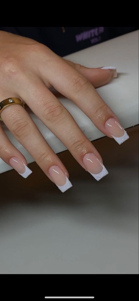 French Tip Nails Square Sparkle, Nail Inspo Square Short French Tip, White Glitter Nails French Tips, Square French With Pearls, Square Acrylic Nails Sparkle, Sparkle Square Nails, White French Nails With Glitter, Pearl French Tip Nails Square, Glittery White French Tip Nails