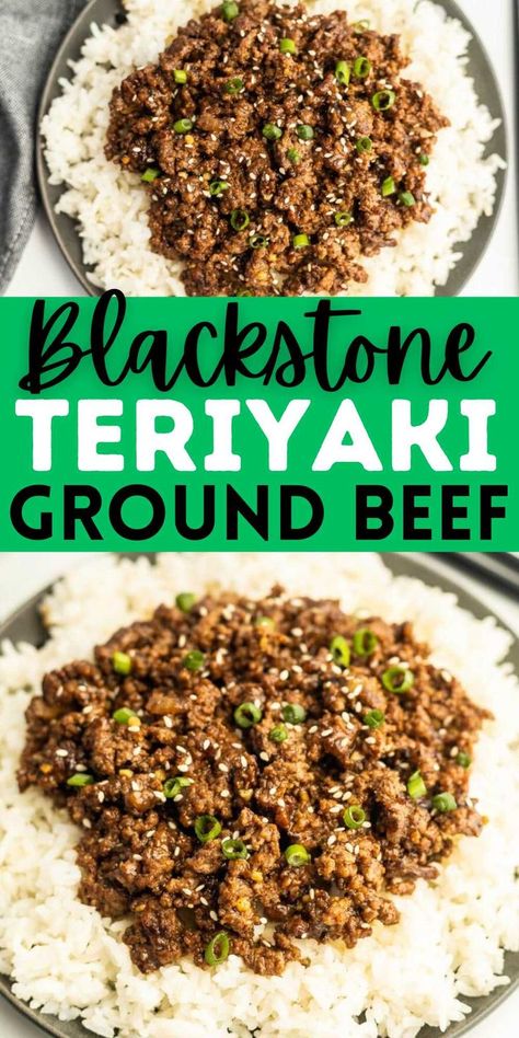 This Homemade Blackstone Teriyaki Ground Beef Recipe takes minutes to prepare. The sauce mixed with ground beef makes the best teriyaki beef bowls. These Teriyaki Ground Beef Bowls are delicious and easy to prepare. If you are needing a quick dinner idea, make this dish. #grillonadime #blackstoneteriyakigroundbeef #blackstonegroundbeefrecipes Ground Beef Recipes On Blackstone, Asian Ground Beef Recipes For Dinner, Black Stone Hamburger Recipe, Blackstone Grill Ground Beef Recipes, Blackstone Dinner Ideas Ground Beef, Black Stone Ground Beef Recipes, Ground Beef Teriyaki Recipe, Ground Beef Recipes Blackstone, Ground Beef Blackstone