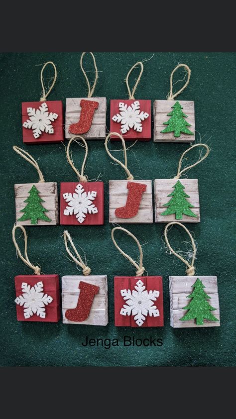 Mini Wood Cube Crafts, Christmas Present Ornament, Jenga Block Christmas Ornaments Diy, Jenga Block Holiday Crafts, Dollar Tree Jenga Block Ornaments, Wood Block Christmas Ornaments, Dt Jenga Block Crafts, Mini Jenga Block Crafts Christmas, Jenga Blocks Christmas Crafts