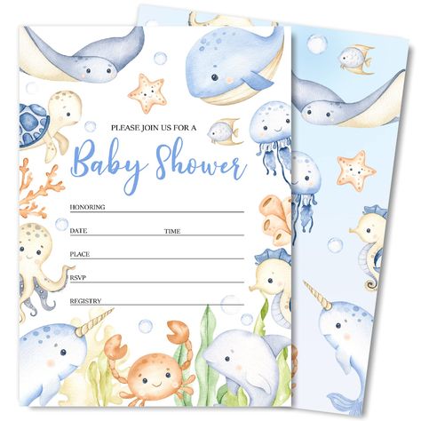 PRICES MAY VARY. WHAT'S IN THE SET: 20pcs invitation cards with 20pcs white envelopes and matching seal stickers are contained in the package, sufficient to meet your needs for party. UNDER THE SEA THEME: Patterned with watercolor ocean animals, whale, crab, sea turtle, etc., printed with the details about the baby shower party, very thoughtful that won't let your guests miss the party. DURABLE MATERIAL: Made of good quality paper, with clear information labeling and wide enough line spacing, ve Sea Baby Shower Theme, Ocean Baby Showers, Sea Baby Shower, Birthday Dinner Party, Under The Sea Theme, Boy Baby Shower Themes, Watercolor Ocean, Sea Theme