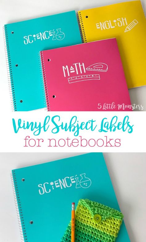 Use your Cricut machine to cut out cute vinyl subject labels to label your notebooks. Cricut School Labels, Cricut School Supplies, Vinyl Notebook Ideas, Notebook Subject Design Ideas, Subject Design Ideas, Subject Labels For Notebooks, Labels For Notebooks, School Subject Labels, Subject Design