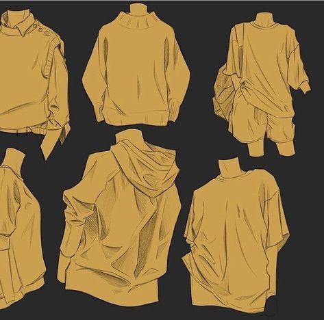 Drawing Loose Clothing, Sweatshirt Art Reference, Oversized T Shirt Reference Drawing, Tshirt Folds Reference, Baggy Clothing Reference, Baggy Clothes Drawing Tutorial, Long Sleeve Drawing Reference, Modern Outfit Drawing, How To Draw Tshirt