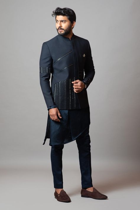 Shop for these amazing collections of Blue Tricot Embroidered Cutdana The Grave Abyss Bandhgala Set For Men by Paarsh online at Aza Fashions. Sangeet Outfit For Men, Embroidered Bandhgala, Deep Ultramarine, Satin Kurta, Indo Western For Men, Man Dress Design, Indian Wedding Clothes For Men, Asymmetric Kurta, Rogue Wave