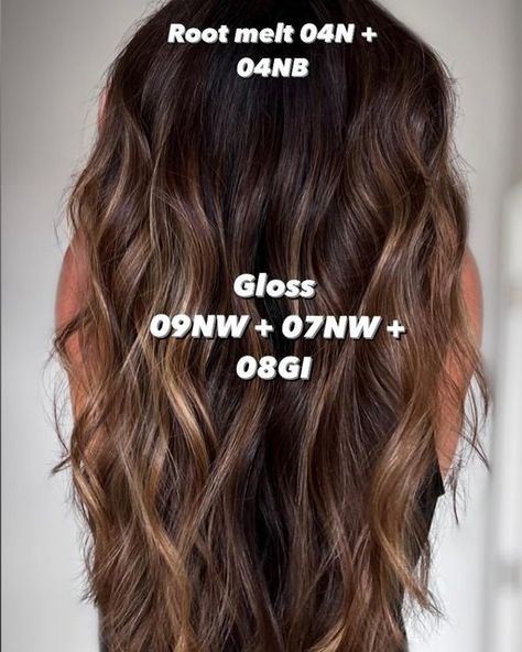 Blondes•Educator•Hair videos on Instagram: "Save this formula for the perfect Sun kissed Brunette Color melt formula Roots @redken shades EQ 04N 04NB Mids to ends 09NW 07NW 08GI Follow for daily hair Save this for reference @behindthechair_com @haleygable @kevin.givens @caitlyn_cummings @chrissylan @haleygable #warmbalayage #redkenformula #redkenshadeseqformulas #beautylaunchpad #modernsalon #showmethebalayage #darkhairbalayage #balayageinspo #americansalon #haired #masterofbalayage #car Brunette Color Melt, Sun Kissed Brunette, Fall Brunette, Redken Hair Color, Color Melt, Redken Hair Products, Redken Shades, Hair Toner, Hair Color Formulas