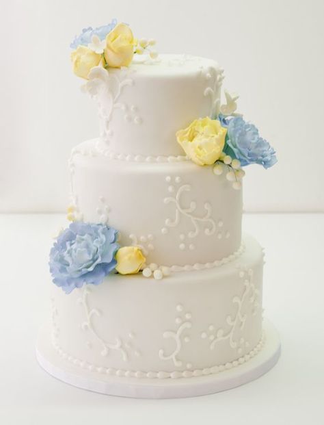 Wedding Cake With Blue, Blue Wedding Cakes, Light Blue Wedding Colors, Light Blue Wedding Cake, Wedding Cakes Designs, Arch Wedding Backdrop, Blue Yellow Weddings, Yellow Wedding Cake, Yellow Texture