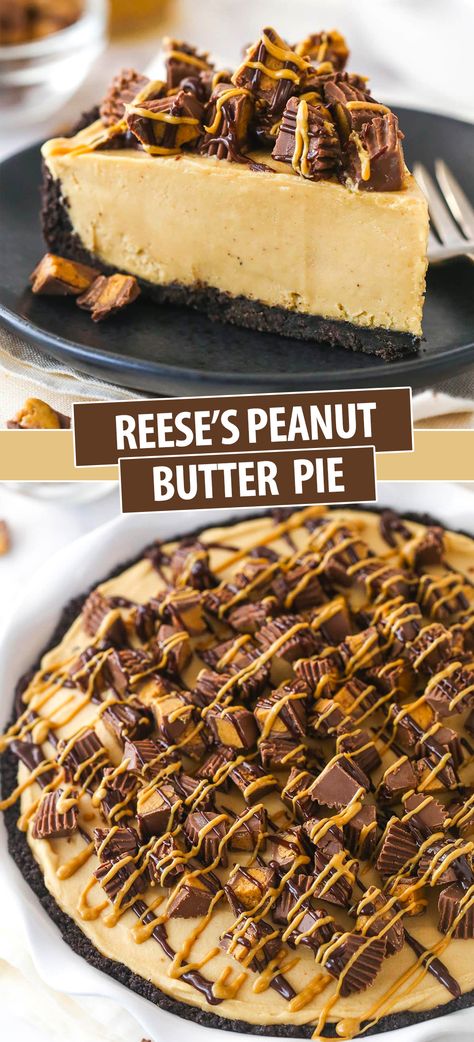 This Reese’s peanut butter pie has an Oreo crust, a light peanut butter filling and is topped with chopped Reese’s and drizzles of chocolate ganache and peanut butter! If you’re a Reese’s fan, you are going to love this pie! Peanut Butter Pie Filling, Oreo Cookie Crust, No Bake Peanut Butter, Chocolate Peanut Butter Pie, Oreo Crust, Peanut Butter Desserts, Peanut Butter Filling, Peanut Butter Pie, Bake Dessert