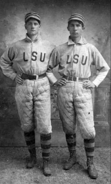 Baseball uniforms from the LSU baseball team, circa 1890's.  Amazing! Vintage Baseball Outfit, College Baseball Uniforms, 1920s Sportswear, Baseball Uniform Design, Vintage Baseball Uniforms, Lsu Baseball, Louisiana History, Vintage Sportswear, Baseball Uniforms