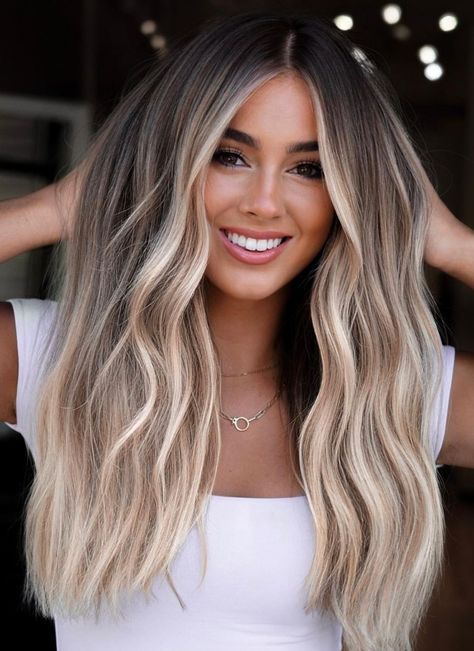 Dark To Blonde Hair Balayage, Haïr Cut Style For Long Hair, Dimensional Blonde With Dark Roots, Sand Blonde Hair Balayage, Fall Bayalage Brunette Blonde, Bolyoge Hair Balayage Brown Blonde, Balayage Mid Length Hair, Blonde With Root Tap, Blended Roots Blonde