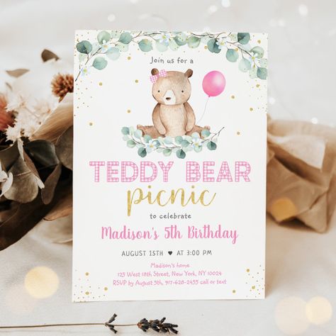 Teddy Bear Picnic Pink Floral Birthday Invitation - tap, personalize, buy right now! #Invitation #teddy #bear #picnic, #birthday, #we Pink Bear Birthday Theme, Teddy Bear Picnic First Birthday, Teddy Bear Birthday Theme Zazzle, 1st Birthday Teddy Bear Picnic, Teddy Bear Picnic Birthday Party Invitations, Teddy Bear Picnic Birthday Party, Picnic Birthday Party, Floral Birthday Invitations, Picnic Birthday