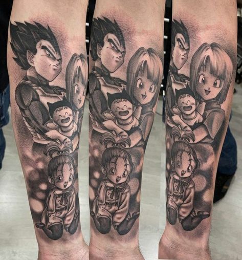 https://www.instagram.com/p/COdiM-mhNUr/?igshid=1zxnhwaeabzf Anime Family Tattoo, Vegeta Bulma Tattoo, Bulma And Vegeta Tattoo, Vegeta Y Bulma Tattoo Pareja, Vegeta Tattoo Ideas, Bulma Y Trunks, Vegeta Family, Vegeta And Trunks, Zeus Tattoo