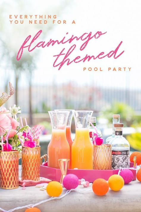 Flamingo Themed Pool Party! Adult Pool Party, Themed Pool Party, Beverage Table, Flamingo Pool Party, Flamingle Party, Pool Party Adults, Flamingo Pool Parties, Pool Party Food, Flamingo Themed Party