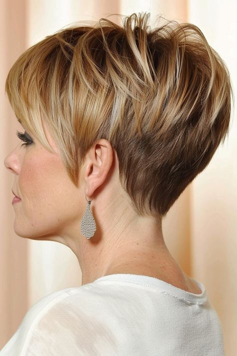 Medium Length Pixie Hairstyles, Fine Flat Hair Hairstyles Round Faces, Back View Of Pixie Haircut, Short Hair Long On Top, Back Of Pixie Haircut, Stacked Pixie Haircut, Best Hairstyles For Big Foreheads, Short Stacked Wedge Haircut, Hairstyles For Big Foreheads