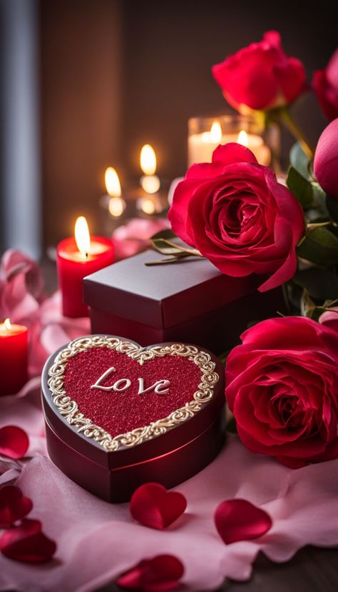 Wallpaper for Valentine's Day - Roses, candles and Chocolate box - AI creation Happy Valentines Day Pictures, Romantic Kiss Gif, Rose Pic, Valentine Candles, Red Roses Wallpaper, Romantic Wallpaper, Valentines Day Pictures, Beautiful Red Roses, Valentines Day Treats