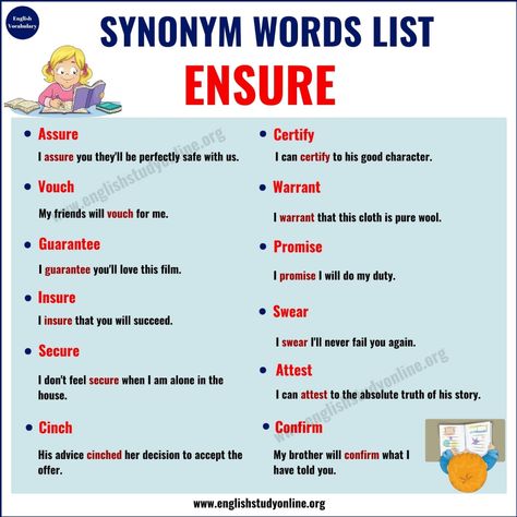 Ensure Synonym | 15 Useful Words for Ensure with Examples - English Study Online More Synonyms, Story Script, How To Speak English, Essay Tips, The Verb, Conversational English, Word Choice, Script Writing, Writing Characters