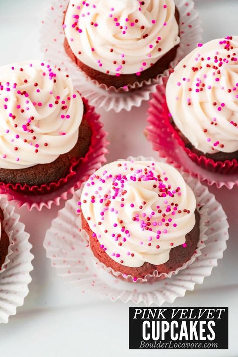 Moist tender pink velvet cupcakes are a chocolatey spin on red velvet but pretty in pink. Great for special occasions and Valentine's day! Gluten Free Cupcake Recipe, Pink Velvet Cupcakes, Raspberry Buttercream Frosting, Chocolate Raspberry Cupcakes, Strawberry Buttercream Frosting, Dark Chocolate Cupcakes, Gluten Free Cupcakes, Valentine Day Cupcakes, Buttercream Cupcakes