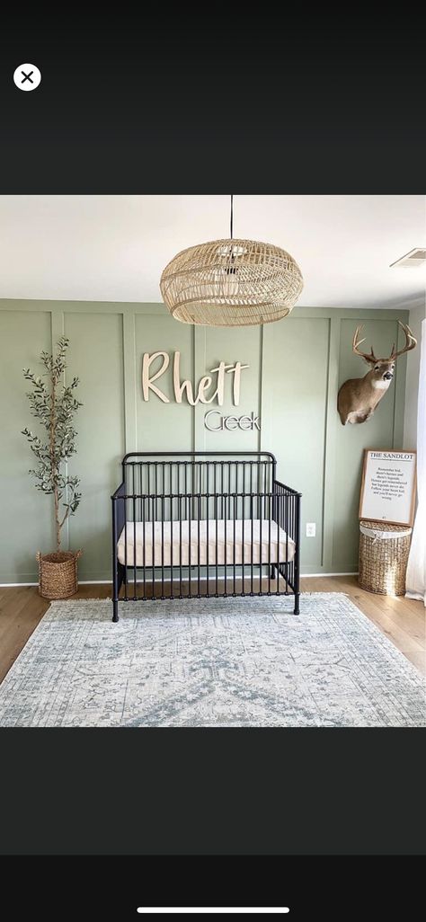 Nursery Green Accent Wall Black Crib, Boho Nursery Black Crib, Sage Green Nursery Black Crib, Black And Oak Nursery, Rustic Modern Nursery, Dark Crib Nursery, Southern Baby Boy Nursery, Black Furniture Nursery, Nursery Black Crib