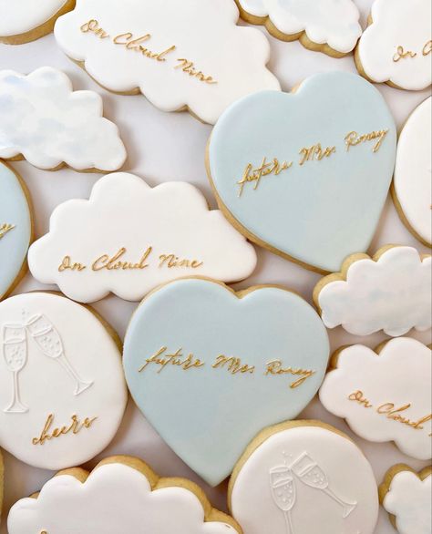 On Cloud 9 Bachelorette Theme, Cloud 9 Bachelorette Party, On Cloud 9 Bachelorette, Backyard Engagement Parties, Engagement Party Themes, Bridal Cookies, Custom Sugar Cookies, Bachelorette Theme, Cloud Theme