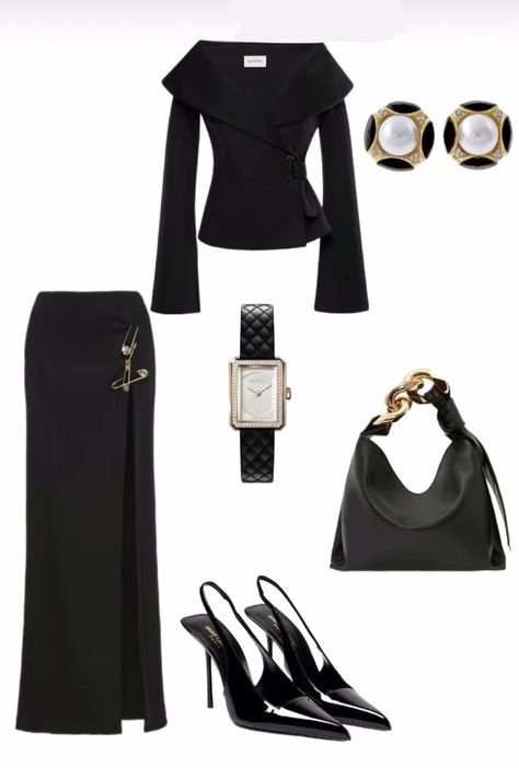 Classy Opera Outfit, The Ritz Outfit, Black Rich Outfit, Old Money Outfits Inspiration, Luxury Black Outfit, Non Outfits, Jazz Night Outfit Classy, Black Professional Outfits, Modern Old Money Outfits