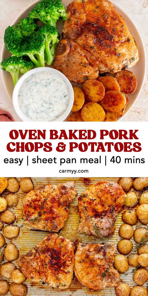 You only need a handful of ingredients to make this delicious oven baked bone-in pork chops with potatoes. It’s flavorful, easy, and comes together on a single sheet pan! You’ll love how juicy the tender bone-in pork chops are and how irresistibly crispy the potatoes get.  Made with kitchen staples, this oven baked bone-in pork chops recipe is a flavorful sheet pan meal that is one of my favorite things to make on a busy weeknight. It comes together so quickly and easily! Oven Roasted Pork Chops And Potatoes, Baked Crispy Pork Chops, Pork Chop Recipes Baked Bone In With Potatoes, Pork Loin Chops Bone In, Tender Oven Baked Pork Chops, Boneless Pork Chops And Potatoes In Oven, Pork Steak And Potatoes In Oven, Sheet Pan Pork Chops And Veggies, Pork Chop Potato Bake