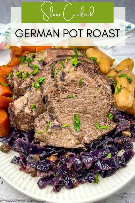 A plate of German pot roast beef with a sauce being poured over it. German Roast, German Lunch, German Pot Roast, Crock Pot Pot Roast, Yummy Lunch Recipes, German Dishes, Pot Roast Slow Cooker, German Recipes, Crock Pot Slow Cooker