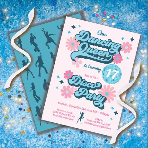 Dancing Queen Disco Party, Dancing Queen Birthday Invitations, 17 Dancing Queen Birthday, Dancing Queen Birthday Party, Dancing Queen Party, Disco Party Birthday, Dancing Queen Birthday, Birthday Disco, Queen Birthday Party