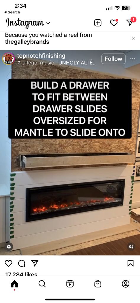 Hidden Mantle Drawer, Mantel Drawer, Mantle Drawer, Tv Mantle, Stone Fireplaces, Build A Fireplace, Diy Drawers, Living Room Entertainment, Faux Fireplace