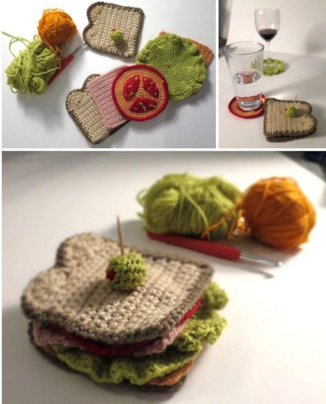 Crochet coaster pattern - sandwich. https://neschofield.wordpress.com/2016/01/07/sandwich-coasters/ Crochet Sandwich Coasters, Crochet Food Coasters, Crochet Burger Coaster, Sandwich Coasters, Crochet Pasta, Sandwich Crochet, Crochet Sandwich, Crochet Coaster Set, Coaster Diy