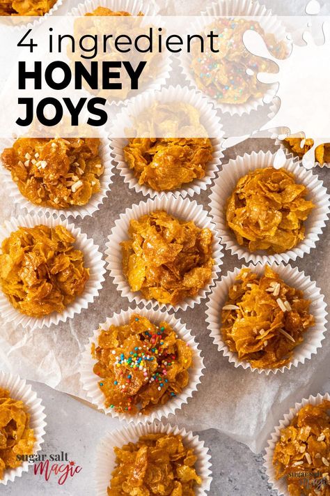 Nostalgic for many, Honey Joys are also the perfect fun party snack. Just 4 ingredients and 10 minutes effort, the sweet combination of honey and cornflakes is completely addictive. Honey joys (sometimes known as honey crackles) are a treat that every Australian grew up with (found often at birthday parties). Simply melt, mix then bake and they’re ready to go. So crunchy, sweet and chewy and just try to say no to a second one. Honey Crackles, Cereal Recipes Snacks, Crunchy Desserts, Honey Joys Recipe, Honey Cornflakes, Honey Joys, Cornflake Recipes, Raya Cookies, Honey Snacks