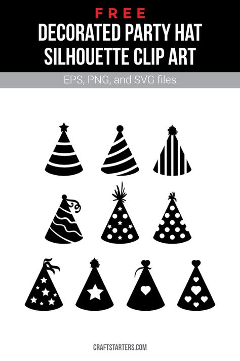 Party Hat Svg Free, Cricut Carte, Clip Art Birthday, Hat Silhouette, Hat Template, Art Birthday Party, Silhouette Clip Art, Birthday Party Hats, Clipart Black And White