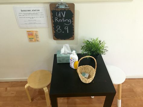 Sunscreen station Self Help Station Childcare, Sunscreen Station Childcare, Sunscreen Station, Learning Stories Examples, Childcare Environments, Preschool Craft Activities, Daycare Facility, Toddler Room Ideas, Learning Stories