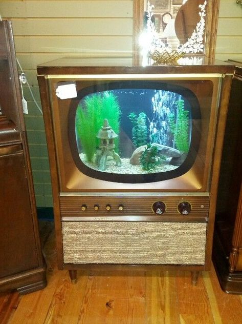 Dishfunctional Designs: Upcycled & Repurposed Vintage Console TV's Vintage Tv Repurposed, Tv Terrarium, Tv Fish Tank, Recycle Old Tv, Tv Aquarium, Recycle Decoration, Old Tv Consoles, Underwater Shoot, Tv Bar