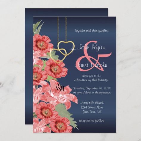 Coral Flowers Wedding, Coral Wedding Colors, Coral Wedding Flowers, Coral Roses, Blue Invitation, Navy Wedding Invitations, Wedding Fans, Coral Wedding, Flower Wedding Invitation