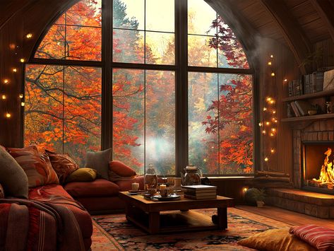 Immerse yourself in the warmth and tranquility of autumn with this stunning digital art download. "Cozy Autumn Retreat" captures the essence of a peaceful living room, framed by a grand arched window overlooking a vibrant fall landscape. The scene is bathed in soft, golden light, highlighting the rich reds, oranges, and yellows of the autumn foliage outside. Inside, the cozy seating, a crackling fireplace, and string lights create the perfect atmosphere for relaxation and comfort. This piece is Cozy House Aesthetic Exterior, Cozy Autumn Living Room, Autumn Fireplace, Peaceful Living Room, Living Room View, Autumn Window, Forest Homes, Autumn Living Room, Cozy Houses