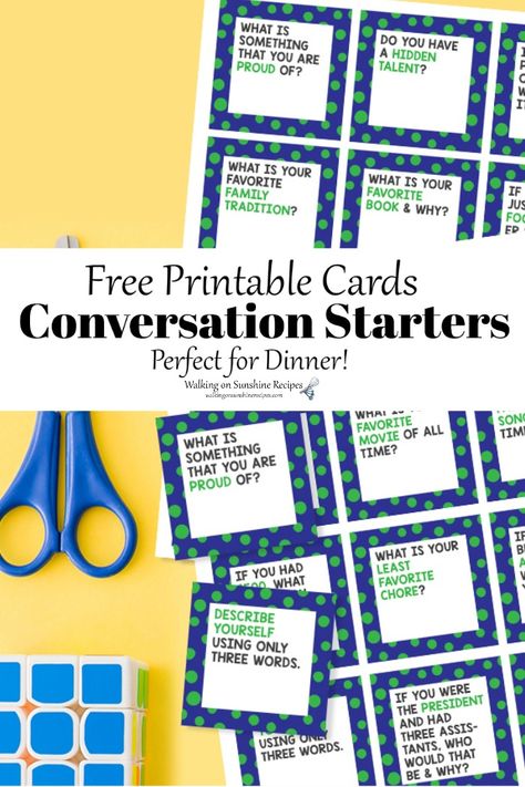 Family Conversation Starters printable cards are easy to use and a great way to get your family talking during dinner tonight from Walking on Sunshine Recipes. Family Conversation Cards, Dinner Conversation Starters, Family Conversation Starters, Conversation Starter Questions, Conversation Starters For Kids, Family Conversation, Conversation Questions, Walking On Sunshine, Free Printable Cards