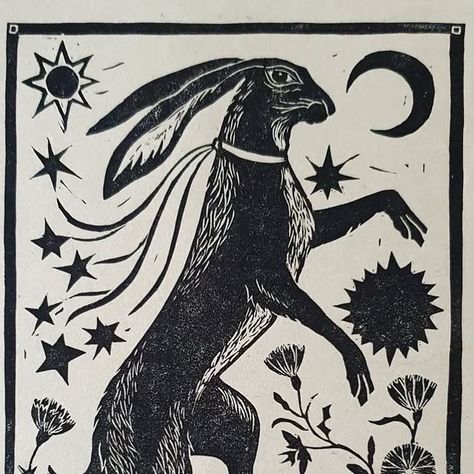 Diana Catchpole on Instagram: "I made a hare to go with the hound. Both dancing a celestial jig amongst the campion and wild chicory! Happy weekend and stay cosy! #dianacatchpoleart #linocuts #testprints #linocutprint #linocut #hareandhoundart #reliefprint #linogravure #linoldruck #linograbado #printmaking #originalprints #contemporaryprintmaker #printmaker" Woodcut Horse Tattoo, Loon Linocut, Unicorn Linocut, Wild Chicory, Linocut Ideas, Pole Art, Watership Down, The Hound, Horse Tattoo