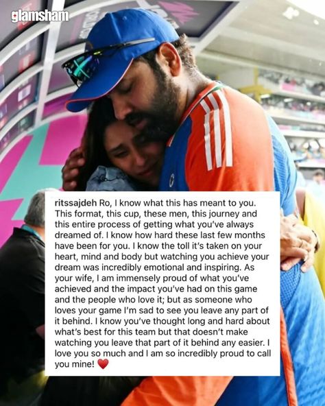 SWIPE TO SEE 👉🏻 Ritika Sajdeh composed a heartfelt message for her husband Rohit Sharma after his triumph in the World Cup and retirement from T20Is 🥹❤️ #Glamsham #RohitSharma #RitikaSajdeh #LovelyCouple #Cricket #Sports ( Rohit Sharma, Cricket, Sports, Lovely Couple ) Ritika Sajdeh, Message For Her, Crickets Funny, Teaching English Grammar, Rohit Sharma, Indian Cricket, Messages For Her, Lovely Couple, Quotes By Emotions