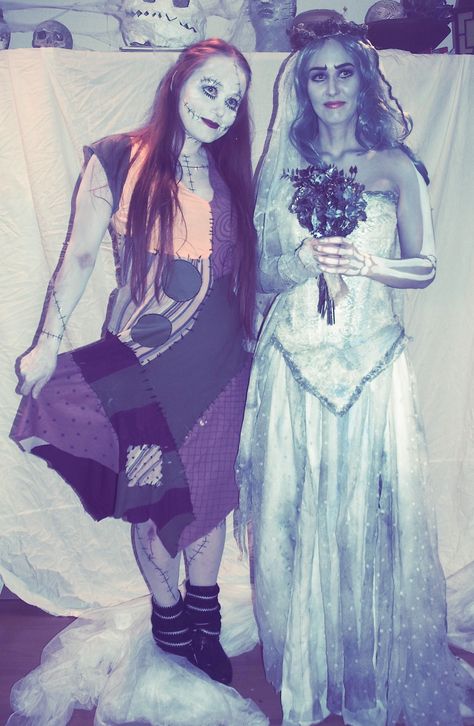 Sally And Emily Costume, Emily And Sally Costume, Corpse Bride And Sally, Sally And Emily, Emily Costume, Jack And Sally Costumes, Halloween Bride Costumes, Sally Costume, Spooky October