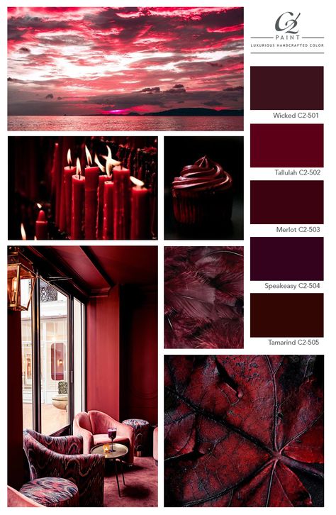 Looking to revitalize your interiors with some of fall's favorites? One of the most intoxicating and classic colors of the season, Merlot, is a mulled, slightly muted damson – also referred to as maroon, aubergine, currant or burgundy – that evokes a sense of warmth and richness. Click to read more about this intoxicating color. #color #merlot #decorating #inspiration #home #palette #design #interior #decor #red Colorboard Design, Burgundy Red Color Palette, Crimson Red Color Palette, Merlot Paint Color, Maroon Color Palette Colour Schemes, Merlot Color Palette, Muted Red Color Palette, Maroon Mood Board, Muted Red Aesthetic