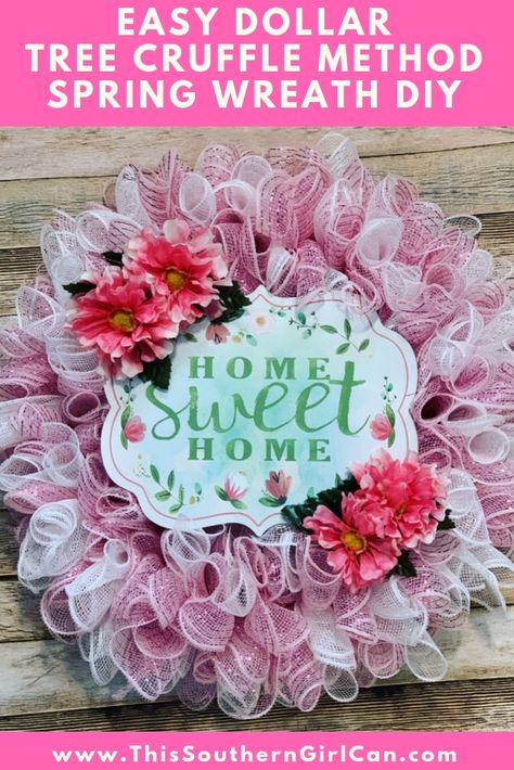 Learn how to make a Dollar Tree wreath using my easy 'cruffle' method! Christmas Wreaths Diy Easy Deco Mesh, 6 Inch Mesh Wreath Diy, Spring Mesh Wreaths Diy, Spring Wreath Ideas Diy Deco Mesh, Spring Deco Mesh Wreaths Diy, 10 Inch Deco Mesh Wreath Tutorial, Easter Deco Mesh Wreaths Diy, Easy Mesh Wreath, 1950s Recipes