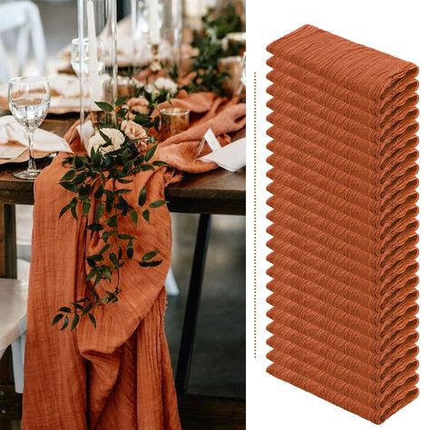 PRICES MAY VARY. 👑【Product Included】: You will receive 24 pcs terracotta cheesecloth gauze table runners. Product size: 35 inches wide and 120 inches long, suitable for round or square tables that can accommodate 8-10 people. Perfect for romantic and elegant party events. 👑【Premium Material】: 100% natural cheesecloth fabric. Soft to the touch, durable and reusable, the edge of the table runner is locked with delicate stitching, not easy to fall off, and full of beauty. Cheesecloth gauze table Copper Table Runner Wedding, Terracotta Orange Wedding, Simple Fall Centerpieces For Table Wedding, Fall Gala Decorations, Simple Fall Wedding Table, Table Runner Decor Ideas, Terracotta Cheesecloth Table Runner, Burnt Orange Table Runner, Terracotta Rust Wedding