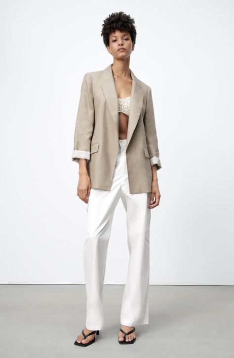 Beige Linen Blazer Outfit, Beige Linen Outfit, Beige Linen Blazer, Linen Blazer Outfit, Linen Outfit, Linen Bottoms, Blazer Outfit, Blazer Beige, White Dress Summer