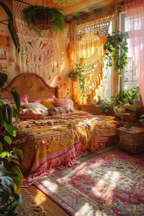 Nature Inspired Bedroom Bohemian, Boho Vibe Bedroom Ideas, Colorful 70s Bedroom, Earthy Boho Dorm Room, Colorful Bedroom With Plants, Light Yellow Room Decor, Pink Orange Yellow Decor, Bohemian Pink Bedroom, Lights And Plants Bedroom