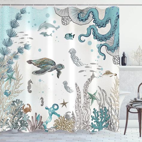 PRICES MAY VARY. 【Specification】- 72W x 72H inch polyester shower curtain with hooks. 【Practicality】- High quality polyester fabric shower curtain, Waterproof, Machine Washable, No fading, Quick-drying, Durable. 【Unique Design】- With the theme of the ocean animals and plants, the overall color is blue and white, so that you can have a happy mood every time you enter the bathroom.Your guests will appreciate your aesthetic. 【Function】-Easy to clean, quick drying and low temperature ironing, the we Underwater Seaweed, Coastal Shower Curtain, Nautical Shower Curtain, Artistic Bathroom, Ocean Shower Curtain, Ocean Bathroom, Forest Animals Theme, Animal Shower Curtain, Life Color