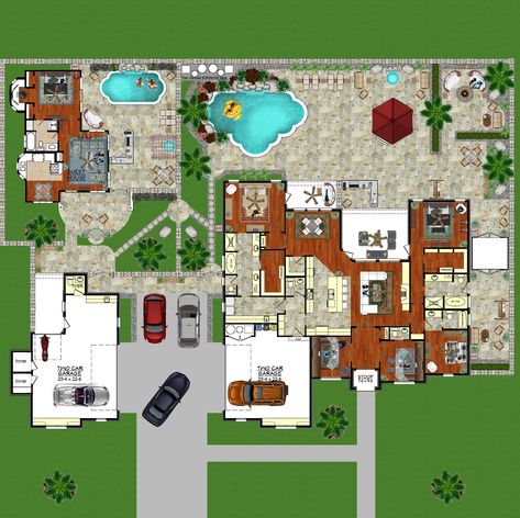 3-19-2018 - Latest Lotto Dream Layout.  Multigenerational Design -Main house, 2 master bedrooms, 1 guest suite (no closet - could also be used as an Exercise or Game Room) and 2 Office spaces with an attached 2 car Garage.   Second House (my sons entertainment space - a place to live or simply entertain his buddies in where he/they won't mess up the main house or my garage with his various "projects") has 1 Bedroom, a smaller Pool and a larger detached 2 Garage with plenty of  space. Main House And Guest House, Guest House Attached To Main House, Houses With Guest House, House With Attached Guest House, Family Compound Layout, House With Guest House, Family Compound Ideas Layout, Dream House Layout, Multigenerational House Plans