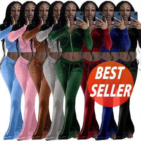 Velvet 2-Piece Jogger Set Velvet Two Piece Set, Sweatsuit Outfits, Crop Top Pants Set, Velvet Tracksuit, Sport Suit Women, Sporty Jacket, Velour Tracksuit, Straight Clothes, Leisure Suit